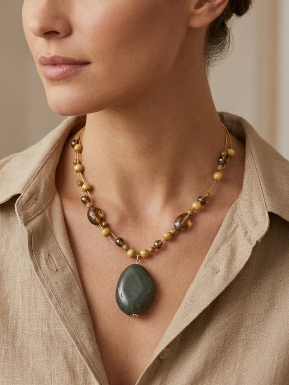 N2862 Handcrafted Green Stone Pendant Necklace with Olive Beads